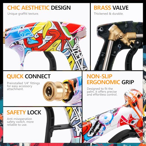 Pressure Washer Short Gun 4000 PSI High Pressure Power Washer Gun with M22-14mm Inlet and 1/4 Inch Quick Connector Heavy Duty Spray Gun for Foam Cannon Car Wash - color: Graffiti-Gun Only