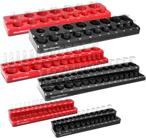 MaxWorks 6-Piece Magnetic Socket Organizer Set SAE & Metric 1/4" 3/8" 1/2" Drive Holders with Strong Magnetic Base for Toolbox & Garage Storage 51080
