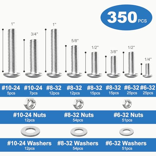 350PCS Machine Screws Assortment Kit, #6-32#8-32#10-24 Phillips Head Nuts and Bolts Assorted Set with Storage Case, Bolts Nuts and Flat Washers Kit - size: 350PCS-#6 #8 #10