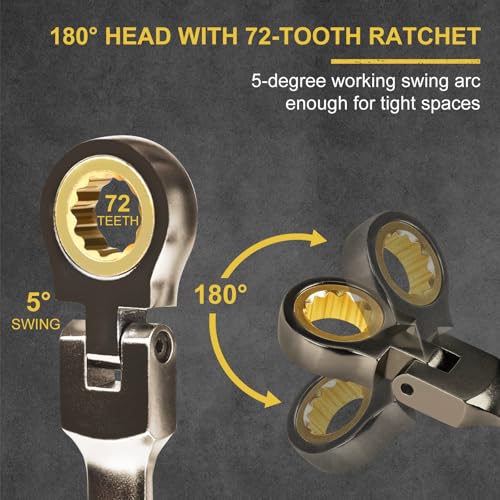 Egofine 15mm Ratchet Wrench Flex Head, 15mm Wrench Ratcheting Combination Wrenches Metric, Industrial Grade Gear Spanner with 12 Point Box End, 72-Teeth Ratchet Nickel Plating, Chrome Vanadium Steel - style: 15mm