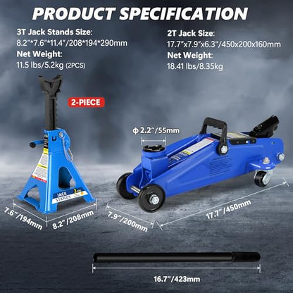 2 Ton (4000 lbs) Capacity, Low Profile Hydraulic Trolley Service/Floor Jack Combo with 2 Ratchet 3 Ton Jack Stands, tire Repair kit, 14-inch Wheel Cross Wrench - color: 2Ton + Stands+Tire repair+Wrench+Wheel chock Blue