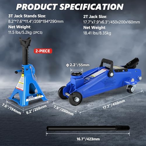 2 Ton (4000 lbs) Capacity Floor Jack Low Profile Garage Hydraulic Trolley Service Lift Floor Jack Combo with Ratchet 3 Ton Jack Stands for SUV, Car and Truck, Blue - color: 2Ton with Jack stands+Tire repair kit Blue