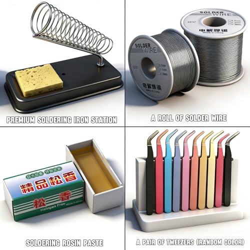 Soldering Iron Kit 80W LCD Adjustable Temperature 180-520C Soldering Kit 35-in-1 Welding Tool with ON/OFF Switch Solder Wire Filler Solder Head Unplugging Pump Bracket Tweezers Tape Blade Mask Gloves