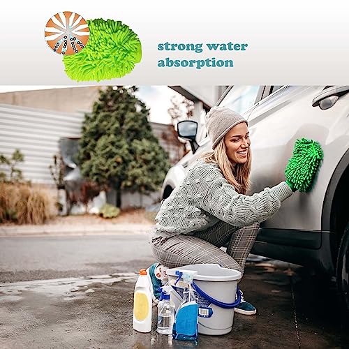 2 Pack Car Wash Mitt Microfiber Chenille Car Wash Mitt Scratch Free for Cars Cleaning,Home Cleaning Mitts(Green/Blue).