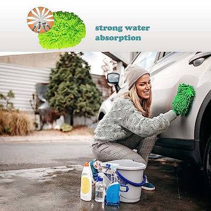 2 Pack Car Wash Mitt Microfiber Chenille Car Wash Mitt Scratch Free for Cars Cleaning,Home Cleaning Mitts(Green/Blue).