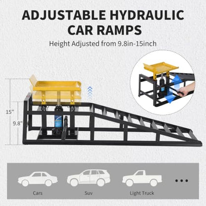 2 Pack Hydraulic Car Ramps 5 Ton Capacity, Heavy Duty Steel Vehicle Ramps with 9.8"-15" Adjustable Height for Oil Changes & Maintenance, Low Profile Wide Deck for Cars SUVs Trucks - color: Yelow, 2 Pack