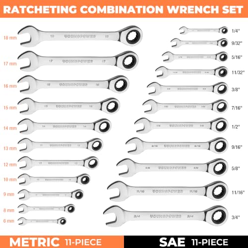 YOUNGPOWER 22-Piece Ratcheting Wrench Set, SAE & Metric, 1/4"-3/4" & 6-18mm | Chrome Vanadium Steel, Mirror-Polished, Corrosion Resistance, 72-Tooth with 5-Degree Swing Arc, Storage Case, Engine Repairs - size: 1/4"-3/4" & 6-18mm