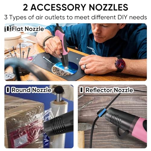 ROMECH 350W Heat Gun with 2 Nozzles, Dual Temp Heat Gun 400°F-660°F, Fast Heat Hot Air Gun with Overload Protection for DIY Craft Embossing Shrink Wrapping (Pink) - color: Pink