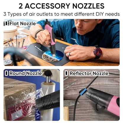 ROMECH 350W Heat Gun with 2 Nozzles, Dual Temp Heat Gun 400°F-660°F, Fast Heat Hot Air Gun with Overload Protection for DIY Craft Embossing Shrink Wrapping (Pink) - color: Pink