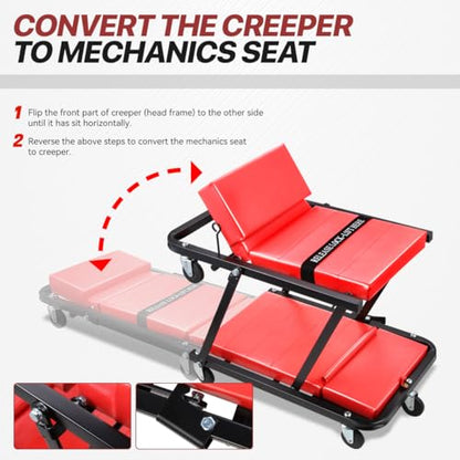 Low-Profile Foldable Creeper, 2-in-1 Rolling Garage Z Creeper Car & Seat, 48" Roller Mechanics Chair, 350 LBS Capacity Workshop Roller Creeper with 6 Swivel Casters
