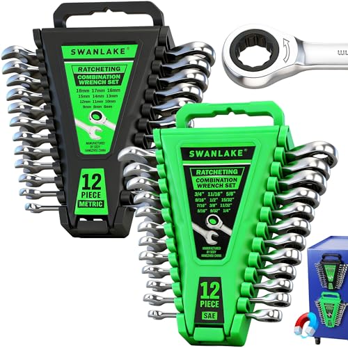 24-Piece Combination Ratchet Wrench Set, Metric (6-18mm) & SAE (1/4''-3/4'') Wrenches Set, 12-Point 72-Tooth Ratchet Spanners with Magnetic Base Organizer, Chrome Vanadium Steel for Auto Mechanic Tool - style: Ratchet Metric & SAE