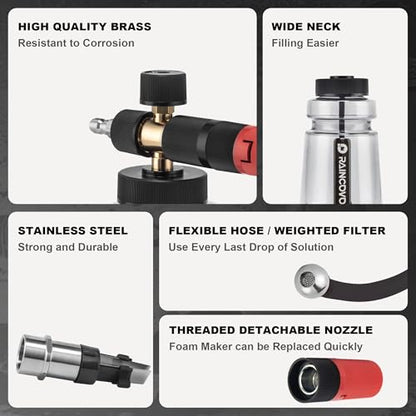 Raincovo Foam Cannon Wide Mouth for Pressure Washer, Thick Snow Foam Lance for Car Wash, Adjustable Soap Cannon with 1/4 Inch Quick Connector, Additional 1.1mm Orifice Nozzle