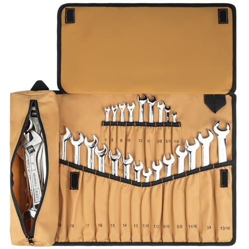 23+1 Pockets Wrench Roll Organizer,Metric/SAE Wrench Roll Up Pouch,No Tools | Heavy Duty Wrenches Tool Roll,Large Wrench Holder Organizer Bag for Men,Mechanics,Gifts for Men Dad,Brown - color: Brown