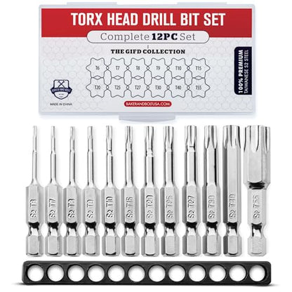 Baker and Bolt Torx Head Drill Bit Set - Premium12pc Set w/Storage Case T6 - T55 1/4in Hex Shank Magnetic Star Security Kit Long 2inch Torx Key Bits S2 Steel for drills and Impact Drivers - style: TORX