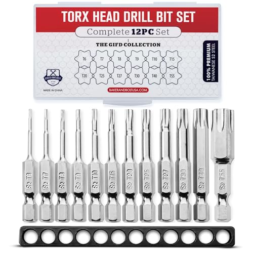Baker and Bolt Torx Head Drill Bit Set - Premium12pc Set w/Storage Case T6 - T55 1/4in Hex Shank Magnetic Star Security Kit Long 2inch Torx Key Bits S2 Steel for drills and Impact Drivers - style: TORX