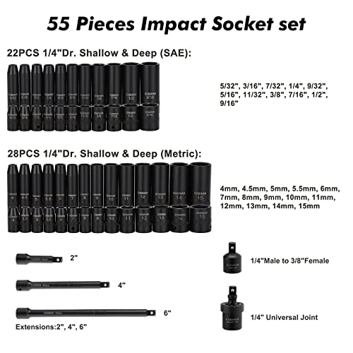 CASOMAN 55PCS 1/4-Inch Drive Impact Socket Set, Shallow & Deep, 5/32 Inch - 9/16 Inch, 4mm - 15mm, Metric/SAE, 6-Point, Cr-V Steel Socket Set - size: 1/4"Drive 55pcs Impact Master Socket Set