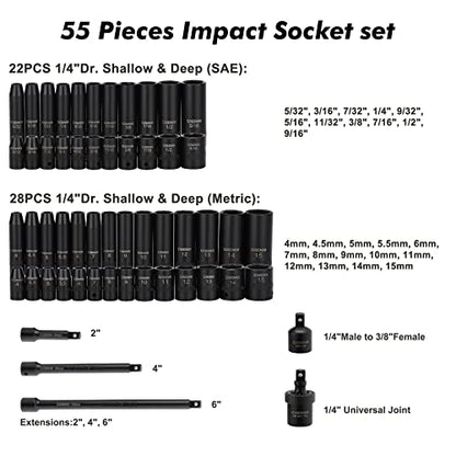 CASOMAN 55PCS 1/4-Inch Drive Impact Socket Set, Shallow & Deep, 5/32 Inch - 9/16 Inch, 4mm - 15mm, Metric/SAE, 6-Point, Cr-V Steel Socket Set - size: 1/4"Drive 55pcs Impact Master Socket Set
