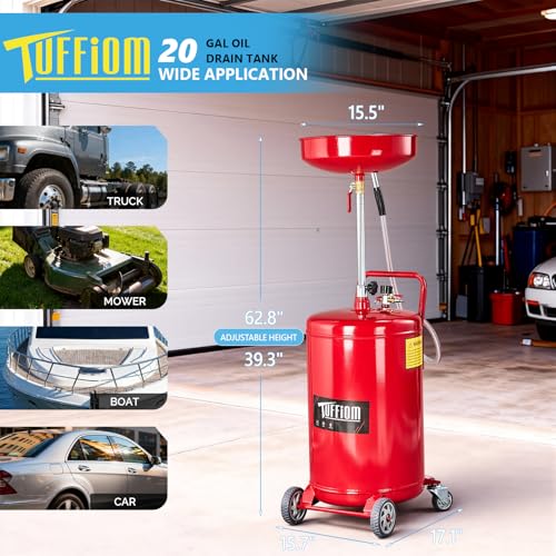 TUFFIOM 20 Gallon Waste Oil Drain Tank with Wheels & Handle, Adjustable Funnel Height Air-Operated Oil Drainer, Large Capacity Leak-Proof Oil Drain Container for Auto Fluids, Garage, Red