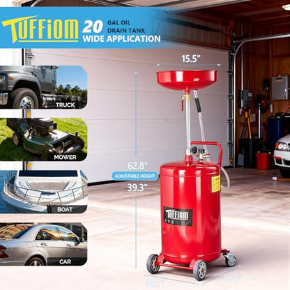 TUFFIOM 20 Gallon Waste Oil Drain Tank with Wheels & Handle, Adjustable Funnel Height Air-Operated Oil Drainer, Large Capacity Leak-Proof Oil Drain Container for Auto Fluids, Garage, Red