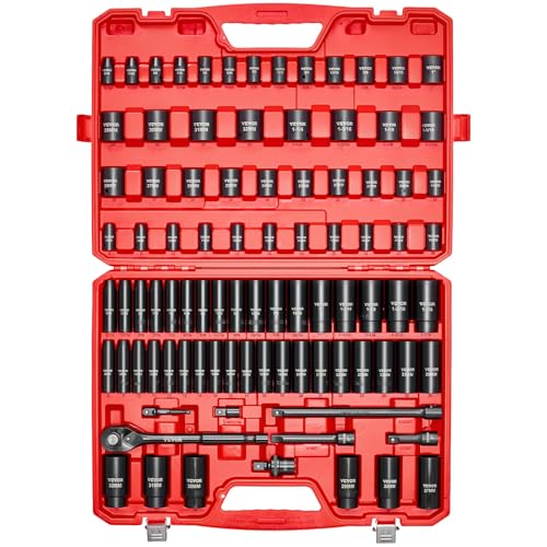 VEVOR 91-Piece 1/2" Drive Impact Socket Set, SAE (5/16" to 1-1/4") & Metric (8 to 32 mm), CR-V, Deep & Shallow, 6 Point, Ratchet Handle, Universal Joint, Adapters, Extension Bars (3, 5, 10 in) - style: 1/2" 91 PCS