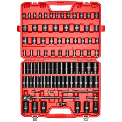 VEVOR 91-Piece 1/2" Drive Impact Socket Set, SAE (5/16" to 1-1/4") & Metric (8 to 32 mm), CR-V, Deep & Shallow, 6 Point, Ratchet Handle, Universal Joint, Adapters, Extension Bars (3, 5, 10 in) - style: 1/2" 91 PCS