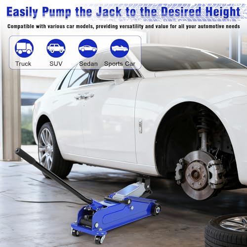 3 Ton Floor Jack (6600 lbs) - Heavy Duty Steel Low Profile Hydraulic Car Jack for Home Garage Use, Fast Lift Service Jack with Wheels, Lifting Range (5"-15.2") - color: Blue