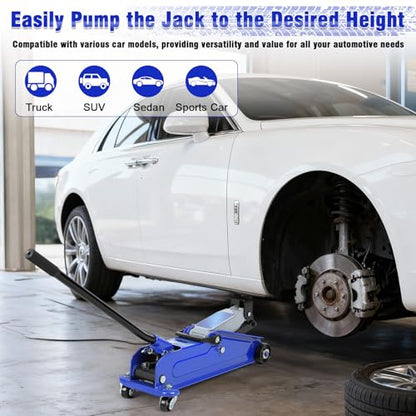 3 Ton Floor Jack (6600 lbs) - Heavy Duty Steel Low Profile Hydraulic Car Jack for Home Garage Use, Fast Lift Service Jack with Wheels, Lifting Range (5"-15.2") - color: Blue