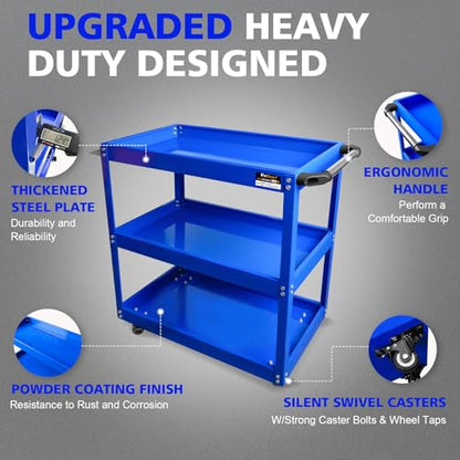 3-Tier Rolling Tool Cart, Thickened 440LBS Metal Mechanic Tool Cart on Wheels, Heavy Duty Rolling Carts with Wheels, Utility Service Carts for Mechanics Garage Warehouse Workshop Repair Shop