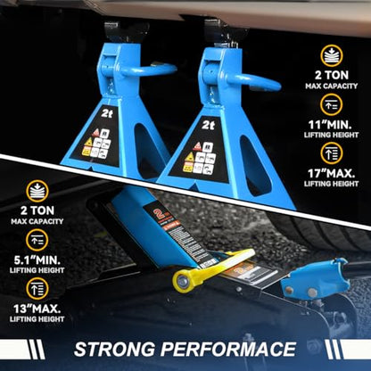Auto Dynasty 2 Ton Floor Jack with Jack Stands, Heavy Duty Steel Hydraulic Racing Floor Jack with Single Piston Quick Lift Pump, Hydraulic Trolley Service Car Jack, Blue - color: Blue