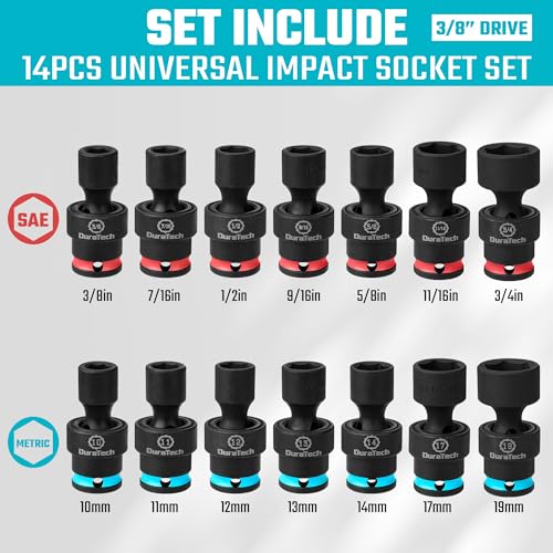 DURATECH 3/8" Drive Impact Swivel Socket Set, Shallow Universal Wobble, SAE & Metric With Flexible Joint, 14 Pieces, Cr-Mo Steel, 6 Points, Organized in Sturdy Storage Case - style: 14 PCS SAE&Metric 3/8" Dr.