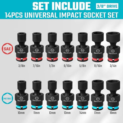 DURATECH 3/8" Drive Impact Swivel Socket Set, Shallow Universal Wobble, SAE & Metric With Flexible Joint, 14 Pieces, Cr-Mo Steel, 6 Points, Organized in Sturdy Storage Case - style: 14 PCS SAE&Metric 3/8" Dr.