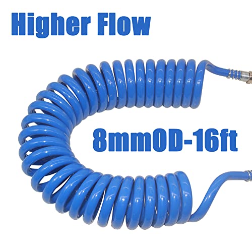 Air Blow Gun kit High Flow with 8mm OD 16ft Long Coil PU Air Hose Air Duster Blow Gun Kit Tee Quick Connector(Blue) - color: Blue