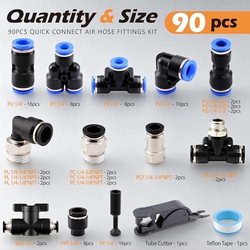 90PCS 1/4" 3/8" Push to Connect Air Fittings Kit, High-Visibility Blue PBT & Brass Quick Connect Pneumatic Assortment, DIY Air Tools & Air Suspension, with Tube Cutter & Tape in Portable Case - size: 90PCS Blue