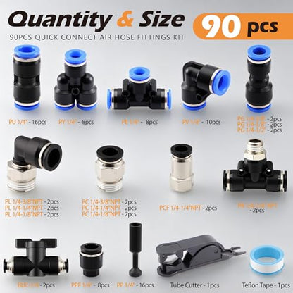 90PCS 1/4" 3/8" Push to Connect Air Fittings Kit, High-Visibility Blue PBT & Brass Quick Connect Pneumatic Assortment, DIY Air Tools & Air Suspension, with Tube Cutter & Tape in Portable Case - size: 90PCS Blue