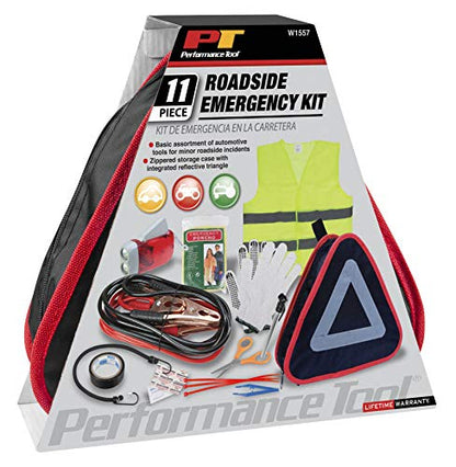 Performance Tool W1557 Roadside Assistance Kit with Jumper Cables, Reflective Triangle, Flashlight, Safety Vest, and More, in Zippered Storage Case - style: 11pc Roadside Emergency Kit