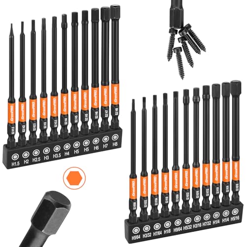 GRENPRO Allen Wrench Drill Bit Set 22pcs Hex Bit Set，Impact Driver Bit Set，Screwdriver Bit Set，Allen Wrenches Sets，Allen Socket Set，4" Long Metric&SAE 1/4" Hex Shank Magnetic Allen Key Drill Bits Sets - size: 4" 22pcs(Metric&SAE)