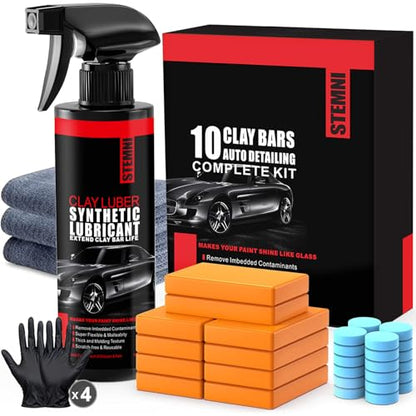 10 Pack Car Clay Bar Kit ，Synthetic Clay Luber Lubricant Spray with Microfiber Towels, Disposable Gloves & Lubricant Tablets, Remove Contaminants for Car Paint, Glass, Wheels, RV, Truck