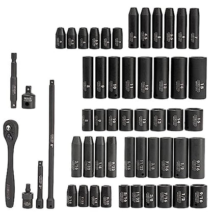 NEIKO 02437A 1/4 Drive Impact Socket Set 54 Piece Metric & Standard, Deep & Shallow Chrome Vanadium Steel 3/8” to 1/4” Reducer Hex Shank Adapter, Metric and Standard, Deep Socket Set
