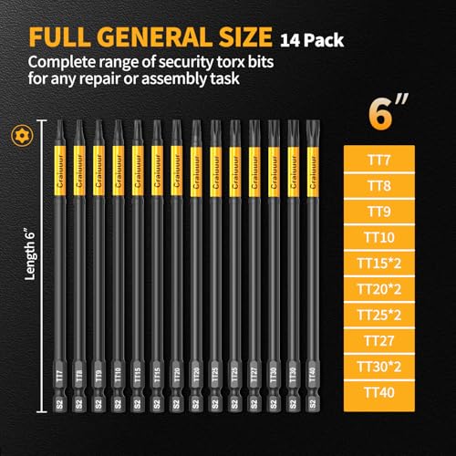 14PCS Impact Long Torx Bit Set, 6-Inch, T7–T40, Tamper Proof Star Bits Set, Magnetic Security Torx Bit Set with 1/4 Inch Hex Shank, S2 Steel, Ideal for Automotive, DIY, Electronics