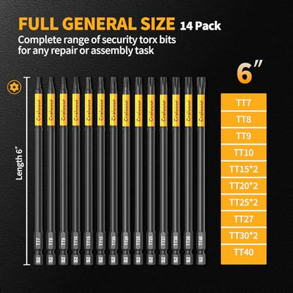 14PCS Impact Long Torx Bit Set, 6-Inch, T7–T40, Tamper Proof Star Bits Set, Magnetic Security Torx Bit Set with 1/4 Inch Hex Shank, S2 Steel, Ideal for Automotive, DIY, Electronics