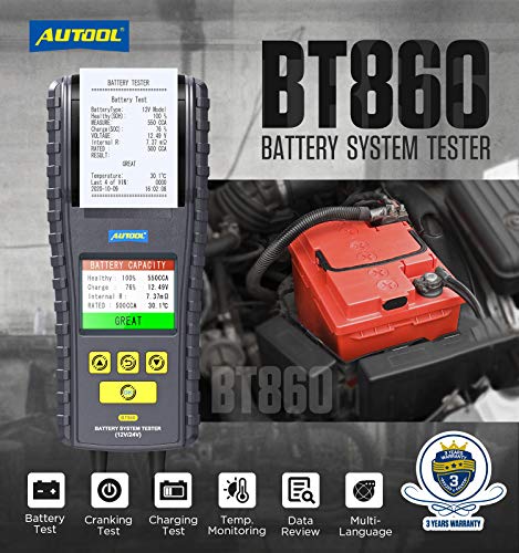 BT-860 Car Battery Load Tester with Printer and Temperature Monitoring, Trucks Automotive 12V/24V 100-2000 CCA Battery Analyzer for Cranking Charging System