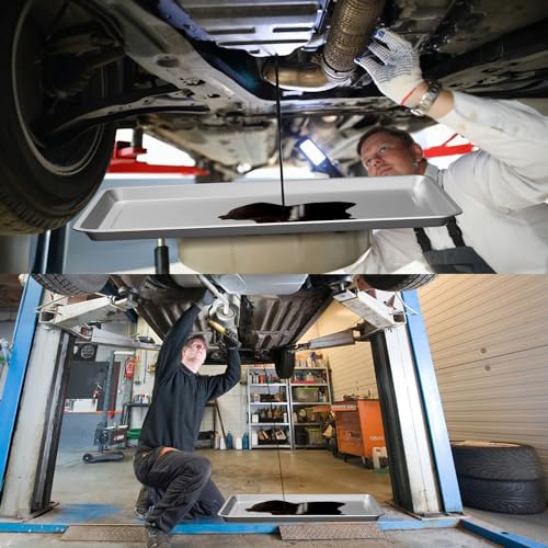 2 Pcs Under Car Oil Pans for Changing Oil, Motorcycle Automotive Oil Change Pan Silver Rust Resistant Drip Tray, Oil Catch Pan Replacement Tray for Garage Machinery Supplies (27.56 x 19.69 Inch) - size: 27.56 x 19.69 Inch