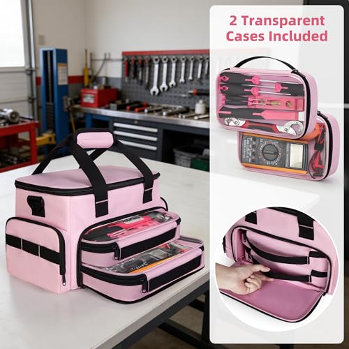 Pink Tool Bag for Women with 2 Clear Pouches, Double Layer Tool Box | 12-inch Tool Bag, Double Top Hndle, Adjustable Shoulder Strap, Ideal for Electrician, Carpenters, Repairman