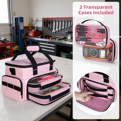 Pink Tool Bag for Women with 2 Clear Pouches, Double Layer Tool Box | 12-inch Tool Bag, Double Top Hndle, Adjustable Shoulder Strap, Ideal for Electrician, Carpenters, Repairman