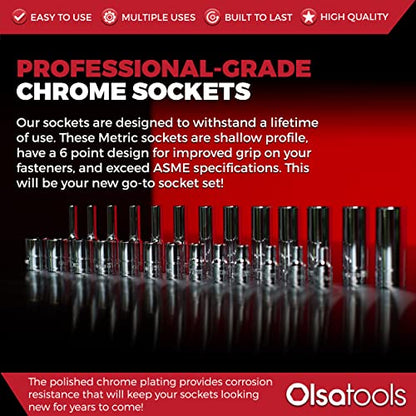 Olsa Tools Metric Shallow Socket Set - 1/4-Inch Drive, 14pc - 6-Point Chrome Sockets from 4mm–15mm and No Skipped Sizes - Mechanic Shallow Metric Socket Set - Professional Grade Sockets - Part: 1328 - color: Metric Shallow, size: 14pc, 1/4-Inch Drive