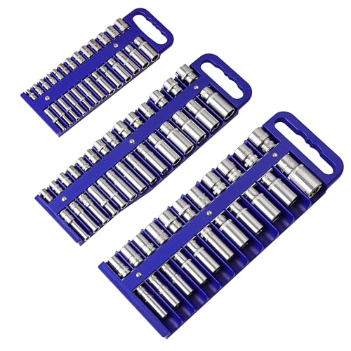 Reniteco Magnetic Socket Organizer Set, 3 Pcs Blue Portable Heavy Duty Socket Rail Set: 1/4-Inch x 22 Pallets, 3/8-Inch x 28 Pallets, 1/2-Inch x 26 Pallets, Hold 76 Sockets - Fit Shallow&Deep Sockets - color: Blue