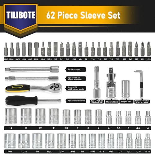 TILIBOTE Socket Wrench Set, 62PCS 1/4" Ratcheting Wrench Set With 72 Tooth count Ratchet, SAE & Metric From 5/32" - 9/16 ", 4mm - 14mm,tool Set For home And car,motorcycle,bike Repair