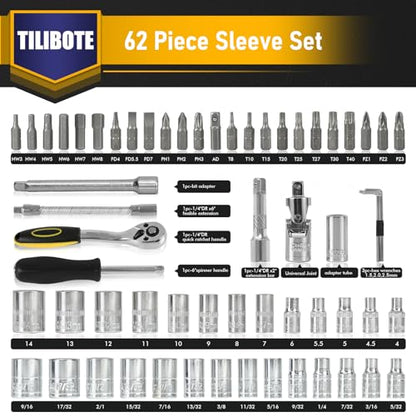 TILIBOTE Socket Wrench Set, 62PCS 1/4" Ratcheting Wrench Set With 72 Tooth count Ratchet, SAE & Metric From 5/32" - 9/16 ", 4mm - 14mm,tool Set For home And car,motorcycle,bike Repair