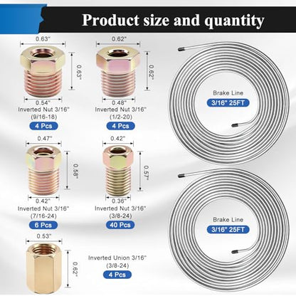 60Pcs 2 Sets 3/16 Inch 25 FT Brake Line Tubing Kit with 58 Pcs Brake Line Fittings, Zinc Coated Alloy Steel Brake Lines Kit Replacement for Hydraulic Fuel Transmission Line - size: 3/16 + 3/16 Inch Silver, style: Brake Line