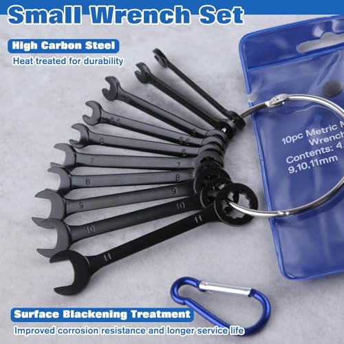 10PCS Mini Wrench Set Standard Metric 4mm-11mm | Black Electrophoretic Coating, Portable Pouch and Key Rings, Ignition Wrenches Open End and Box End Combination Wrench Set - size: Metric